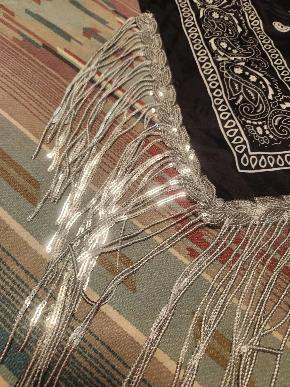 Fashionable Black Paisley-Styled Scarf, Bandana with Silver Tassles